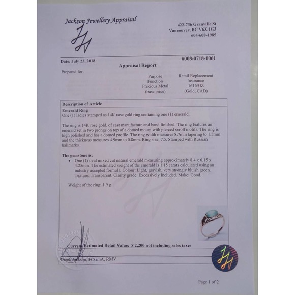 14K Rose Gold Emerald Ring, Natural Green Emerald Gemstone Ring Size 7.5 1.15ct - Picture 9 of 9